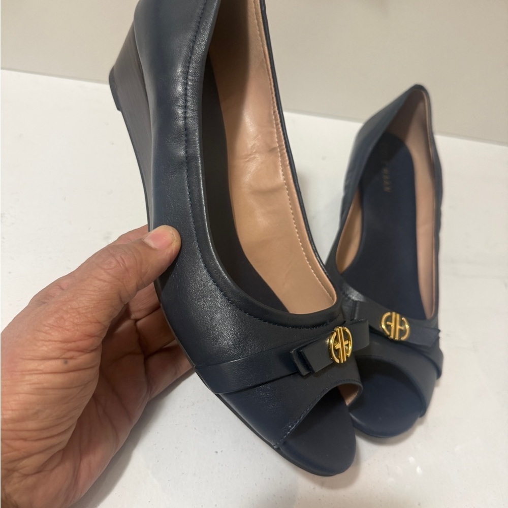 Cole Haan Women's Navy Peep-Toe Flats with Gold Accent - Picture 3 of 16